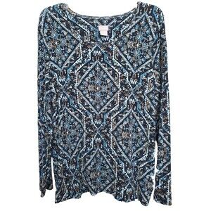 Chico's Jersey Knit Block Print Long Sleeve Scoop Neck Layering T-Shirt Size 2 L